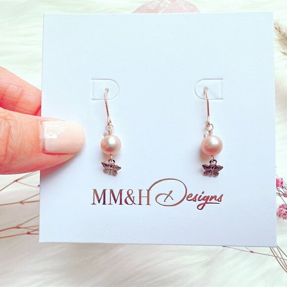New Light Purple Freshwater Pearl Earrings with Butterfly Charm | Handmade in BC - Picture 8 of 8